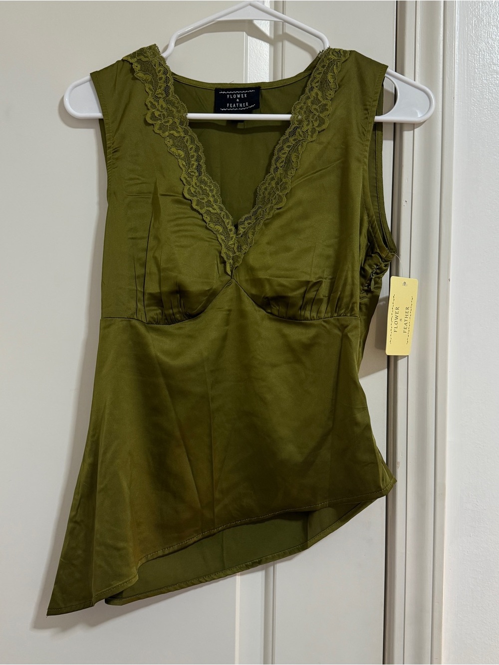 Free People Olive Lace-Trim Satin Asymmetrical Camisole